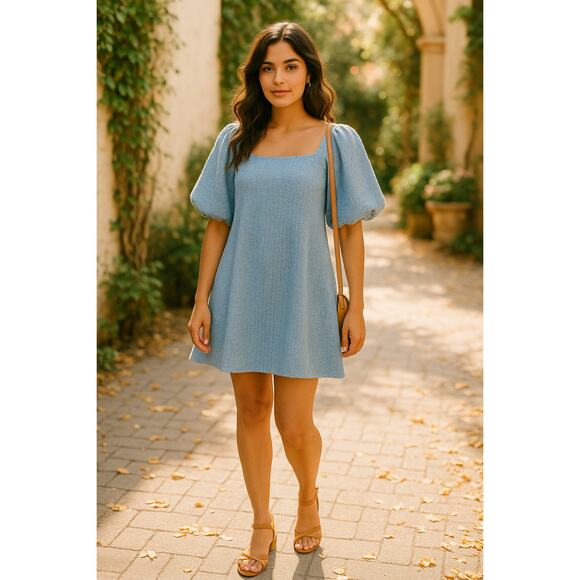 New Easel Blue Tweed Puff Sleeve Dress Oversized Fit Back Zip Cottagecore Small - Picture 1 of 12
